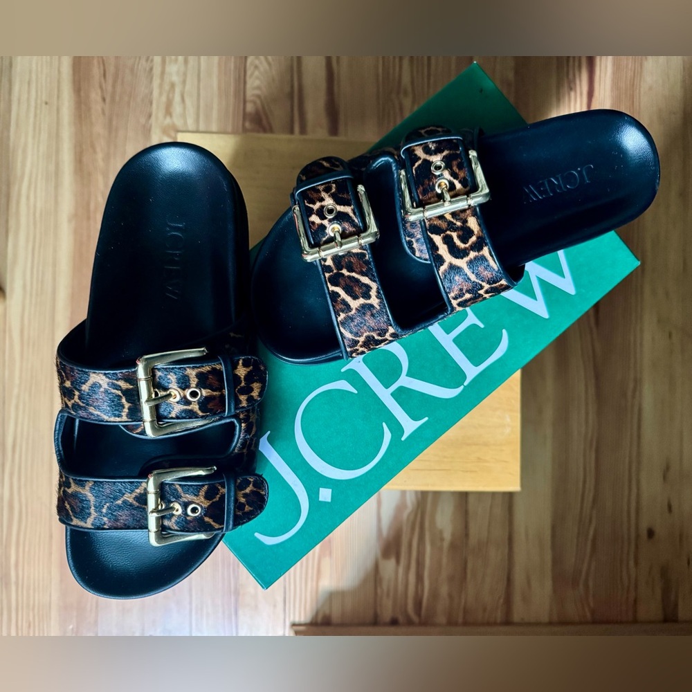J. Crew New Colbie Wide Strap Gold Buckle Sandals in leopard print calf hair - Picture 4 of 8